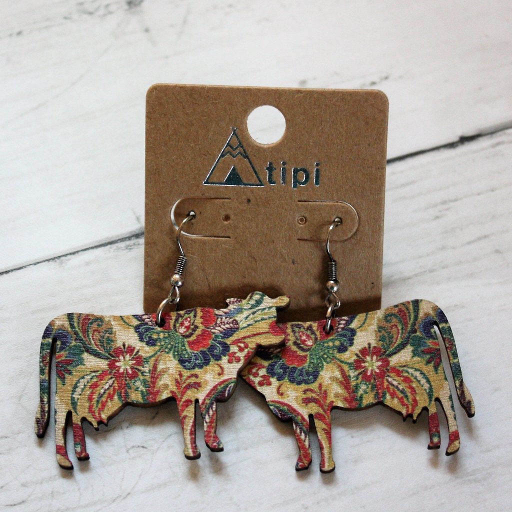 Floral Cow Wood Earrings
